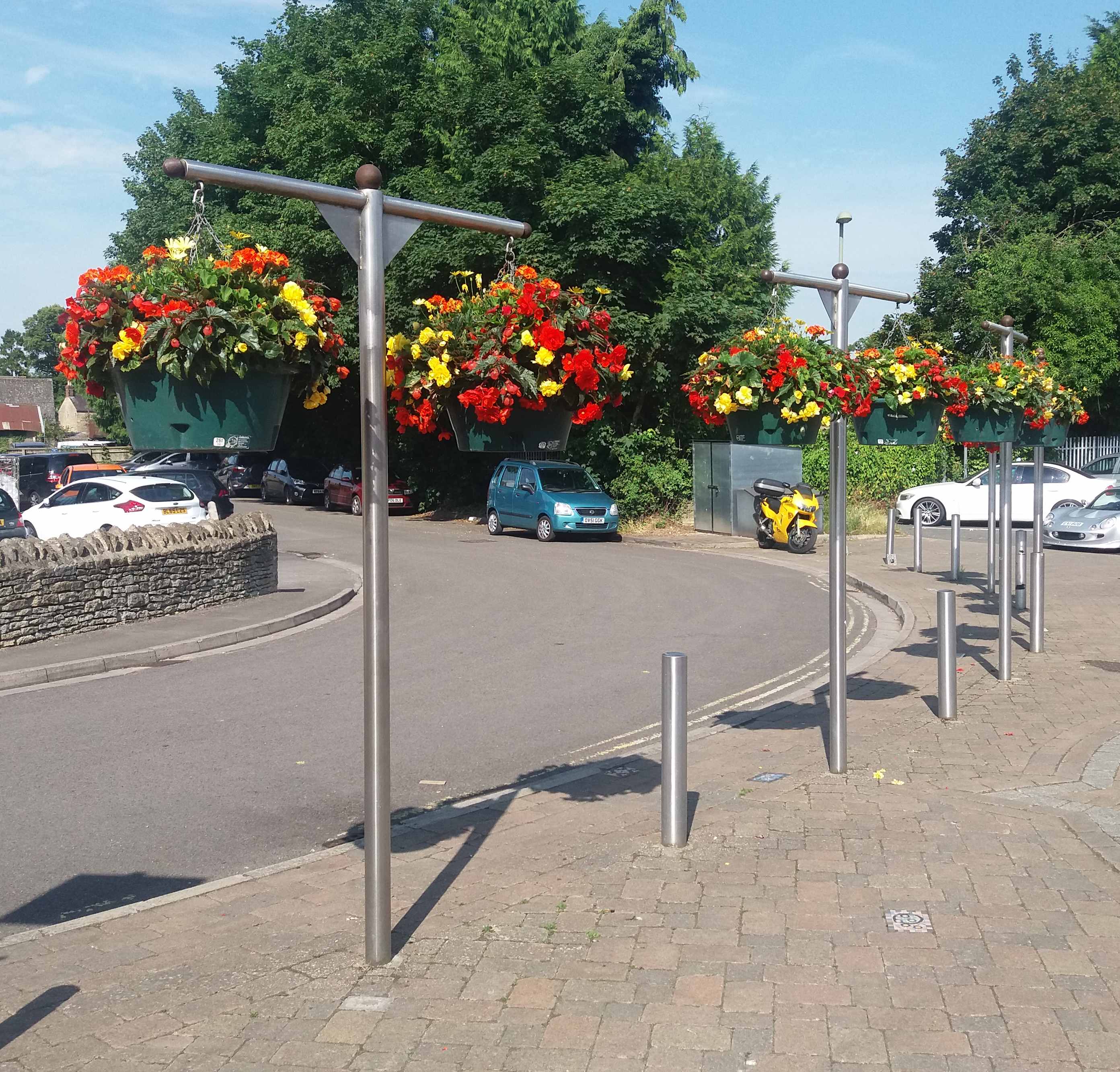 red and yellow hanging baskets
